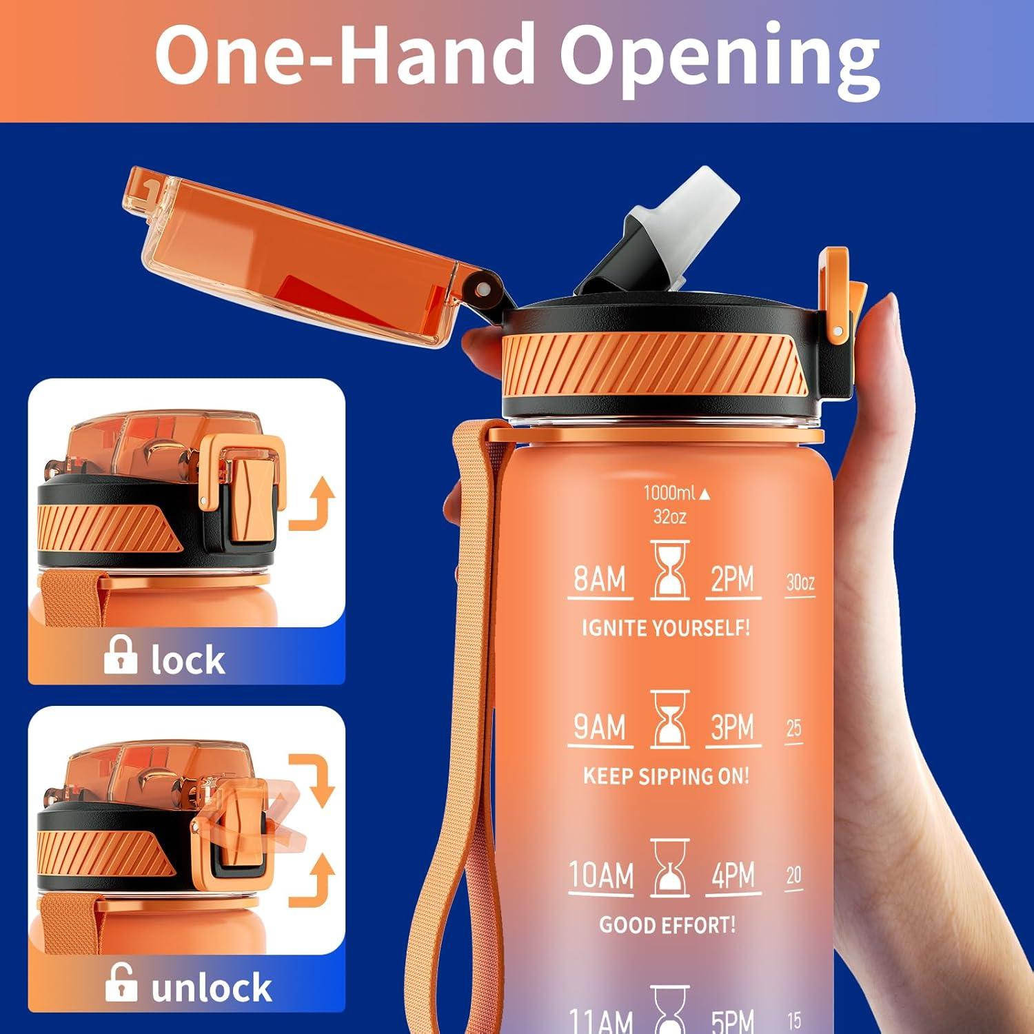 QLUR Trinkflasche 1L BPA-frei mit Strohhalm und Zeitmarkierung Blau Orange