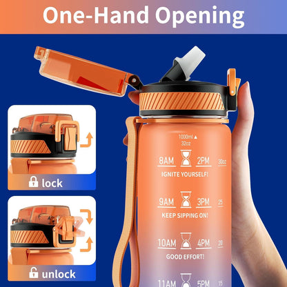 QLUR Trinkflasche 1L BPA-frei mit Strohhalm und Zeitmarkierung Blau Orange