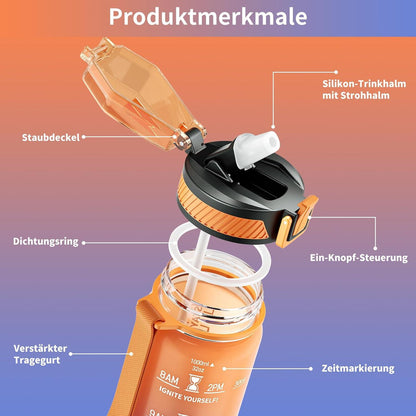 Trinkflasche 1L BPA-Frei Sport Wasserflasche Strohhalm Zeitmarkierung Blau