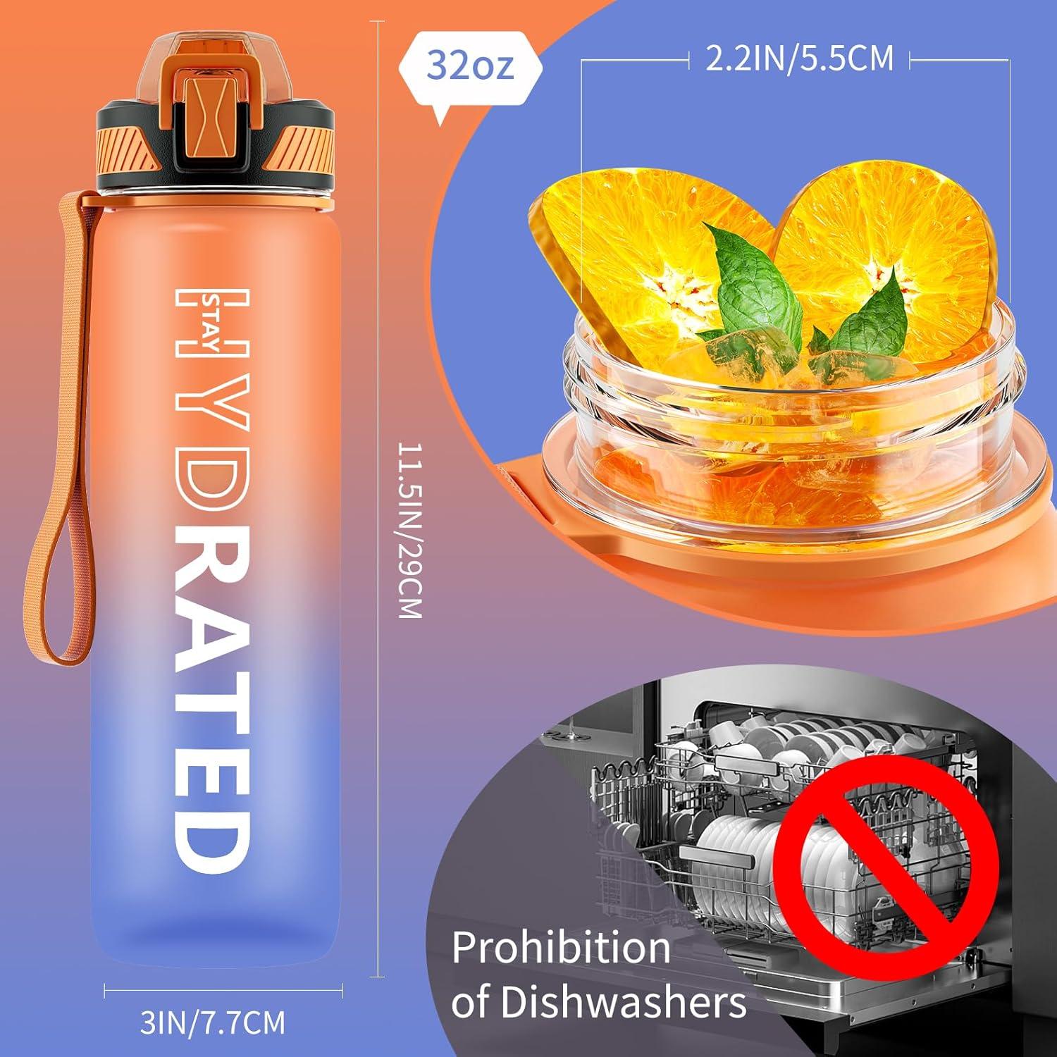 Trinkflasche 1L BPA-frei mit Strohhalm Zeitmarkierung Orange Blau