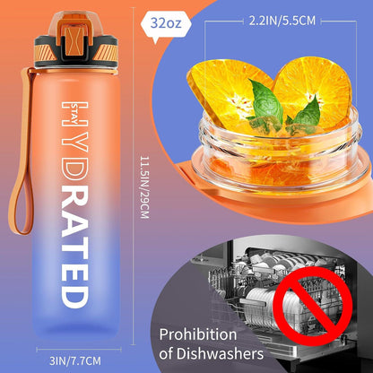 Trinkflasche 1L BPA-frei mit Strohhalm Zeitmarkierung Orange Blau