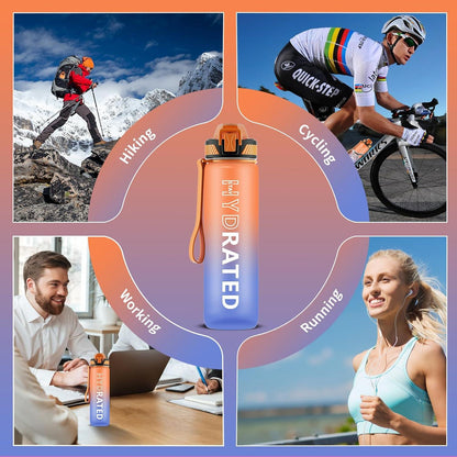 Trinkflasche 1L BPA-Frei Sport Wasserflasche Strohhalm Zeitmarkierung Blau