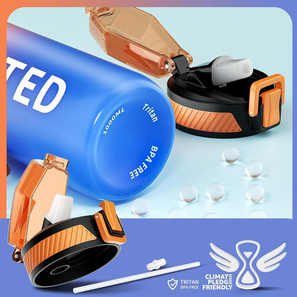 QLUR Trinkflasche 1L BPA-frei mit Strohhalm und Zeitmarkierung Blau Orange