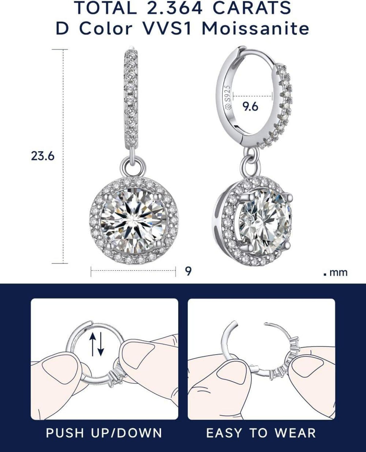 Creolen Anhänger 2 Karat Moissanite Diamant Ohrringe Silber 925