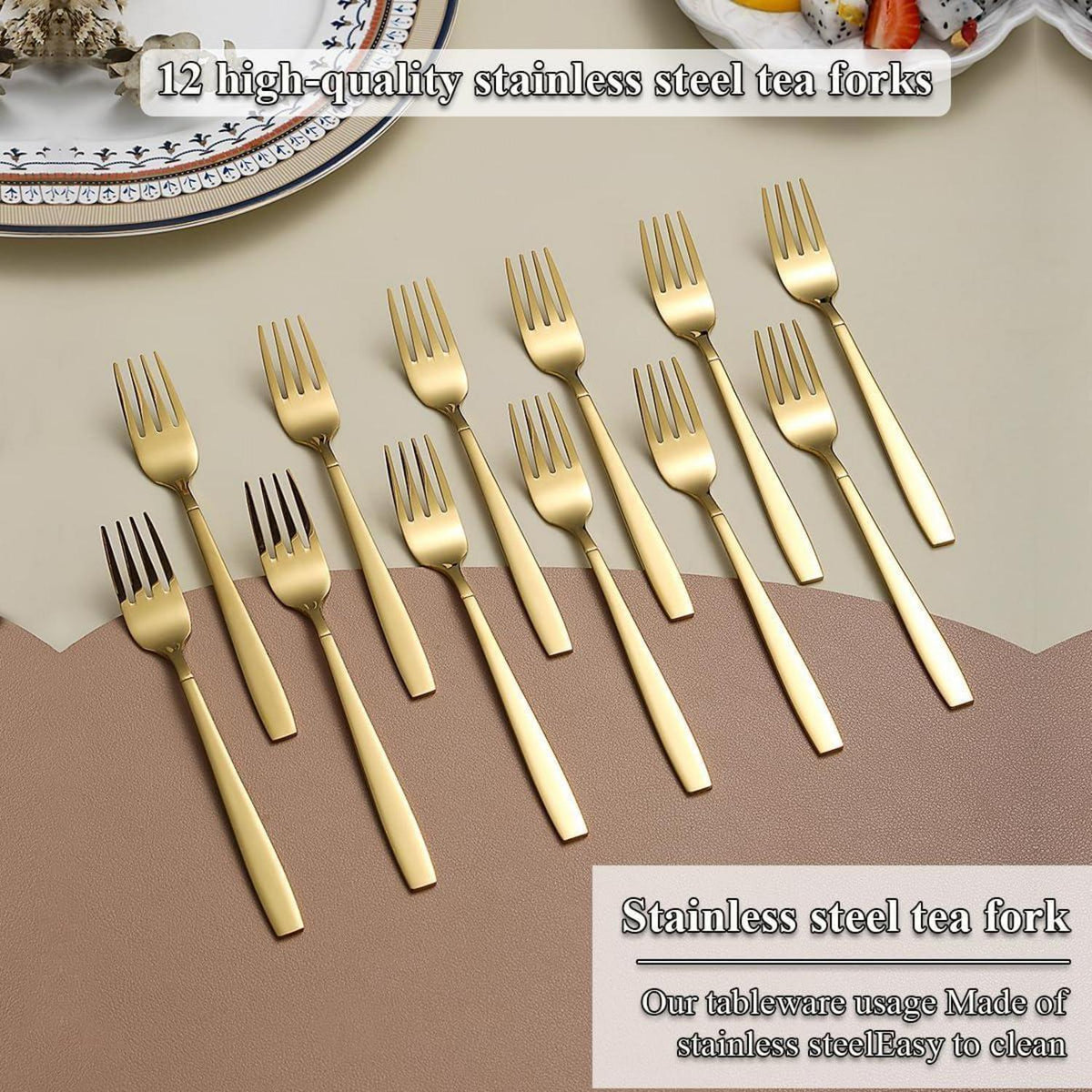 12er Set goldene Kuchengabeln, Titan vergoldet, Edelstahl, spülmaschinenfest