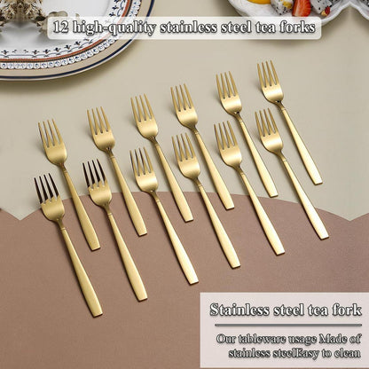 12er Set goldene Kuchengabeln, Titan vergoldet, Edelstahl, spülmaschinenfest
