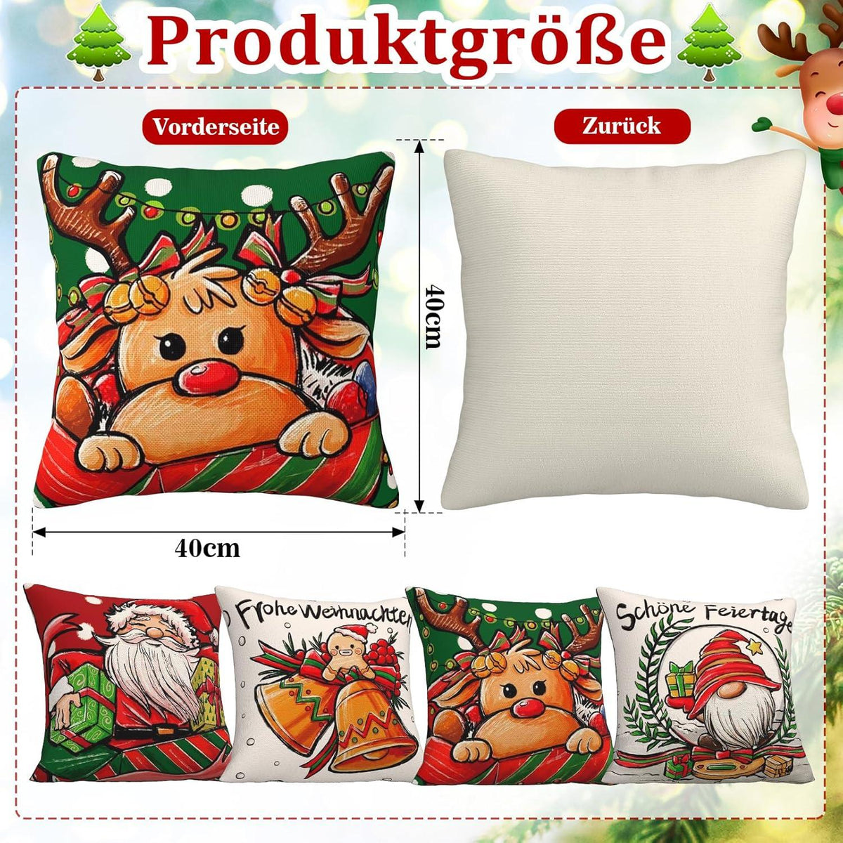 Weihnachts Kissenbezug Elch 40x40cm 4er Set Deko Rot Grün Hirsch Santa