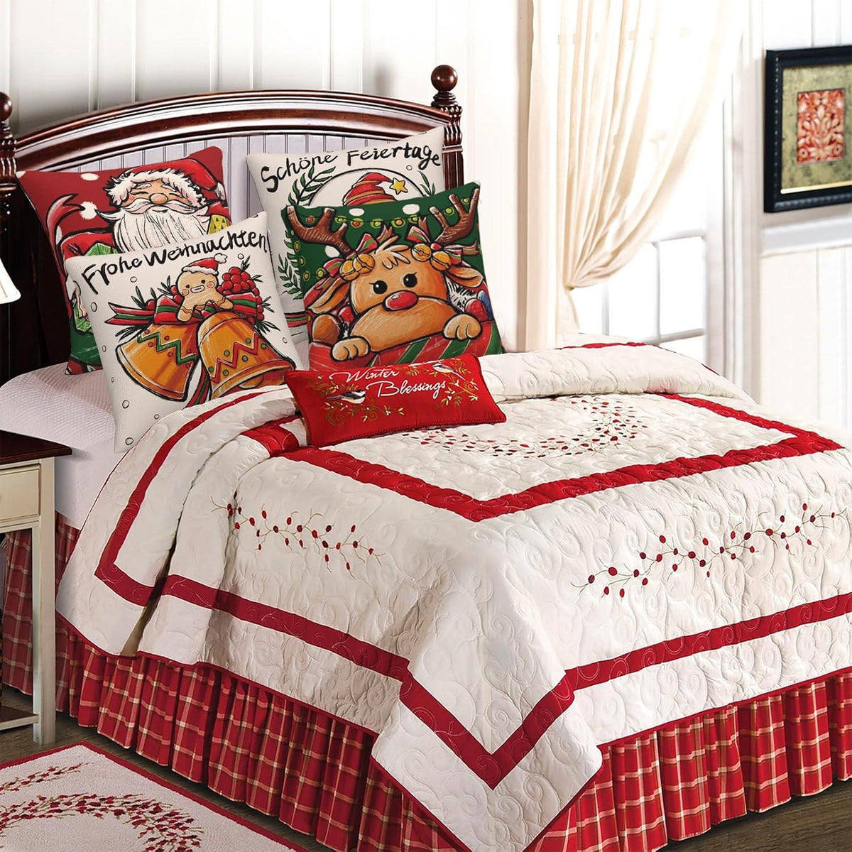 Weihnachten Kissenbezug Set 40x40cm Hirsch Weihnachtsmann Rot Grün