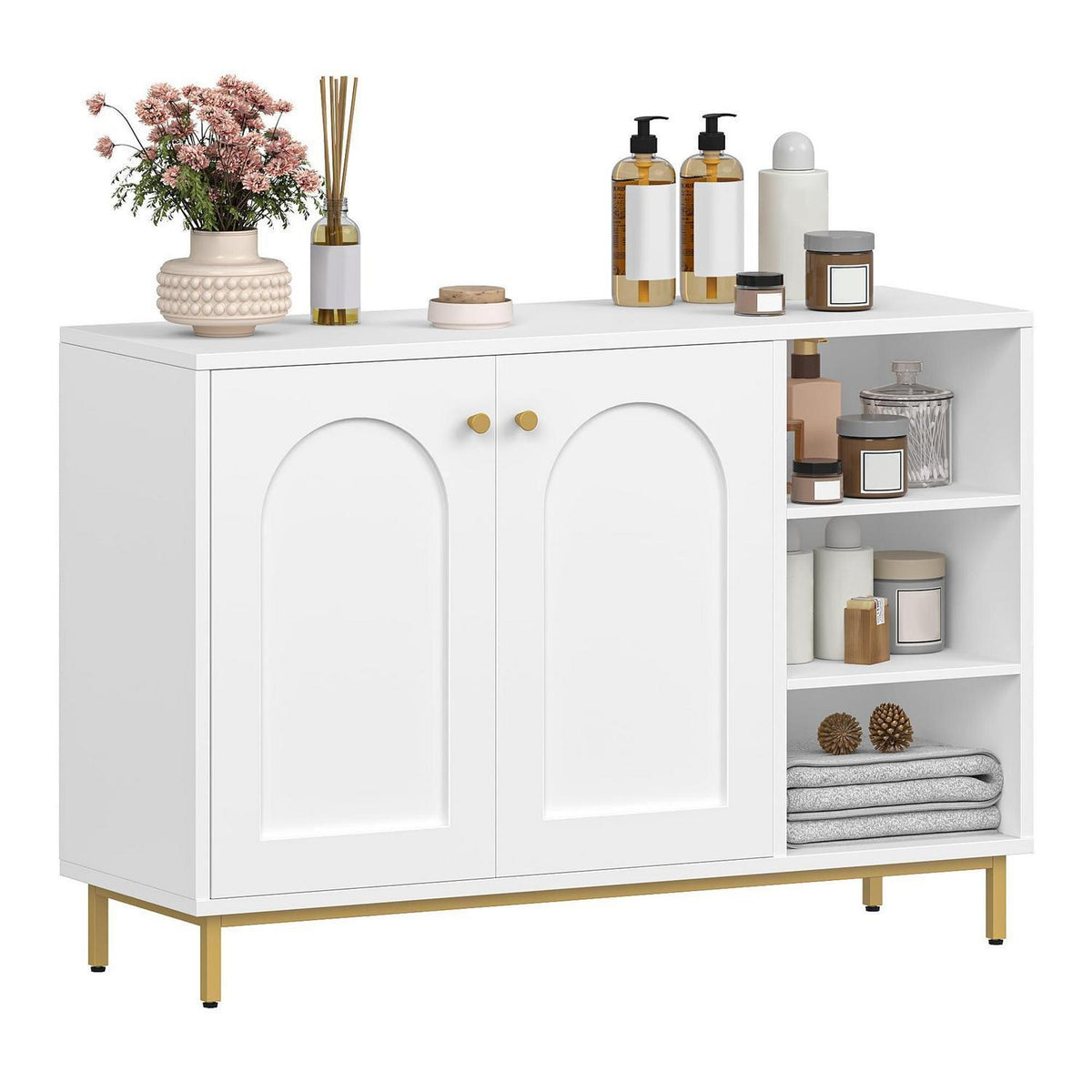 Weiß-Gold Badezimmerschrank mit 2 Türen & verstellbarem Regal