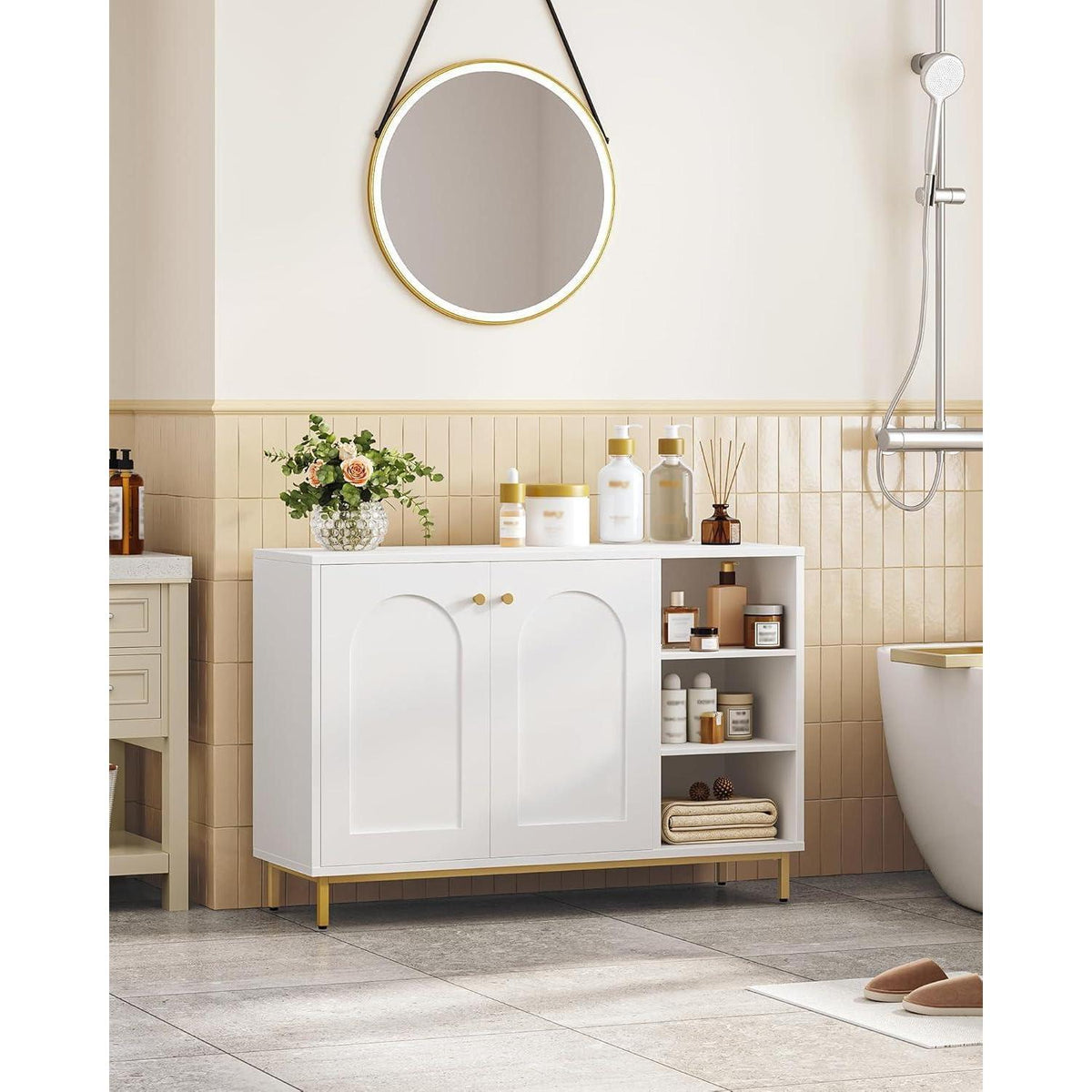 Weiß-Gold Badezimmerschrank mit 2 Türen & verstellbarem Regal