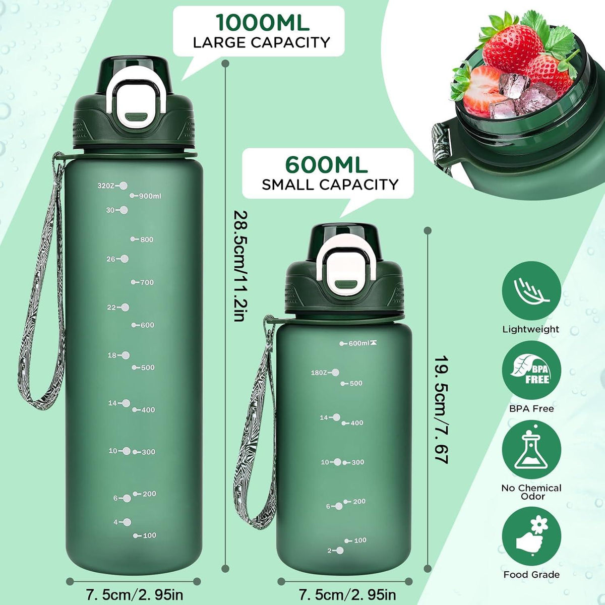 AOHAN Trinkflasche 1l Sport Wasserflasche BPA frei Auslaufsicher Grün