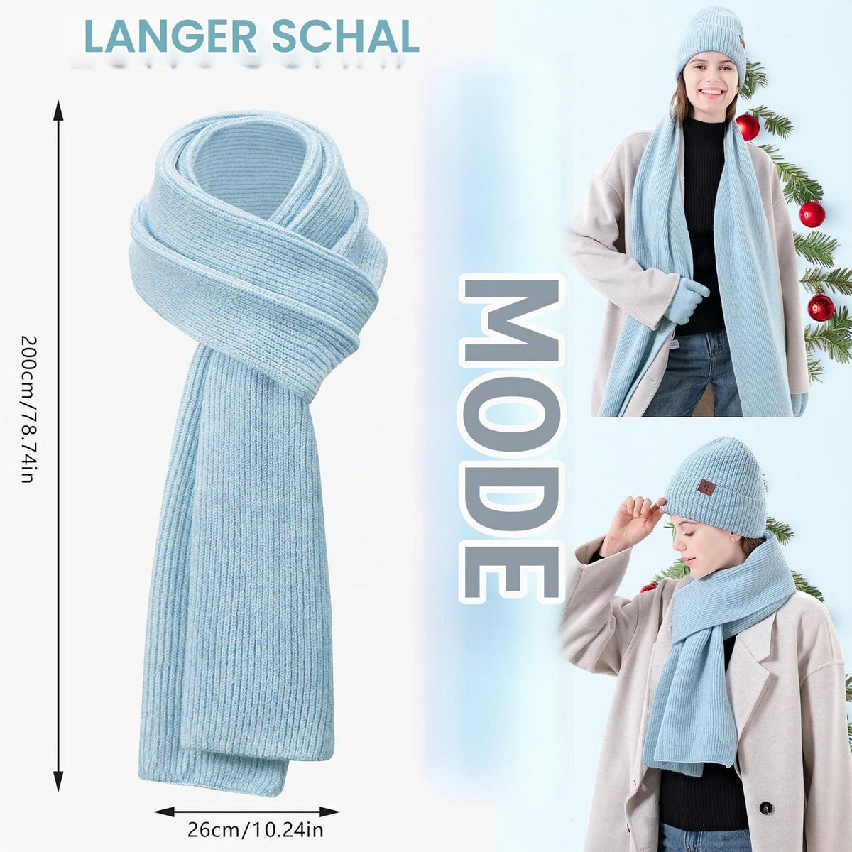 Damen Winter Mützen Schal Handschuhe Set Touchscreen Thermo Fleece Blau Weiß