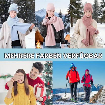 Damen Winter Mützen Schal Handschuhe Set Touchscreen Thermo Fleece Blau Weiß