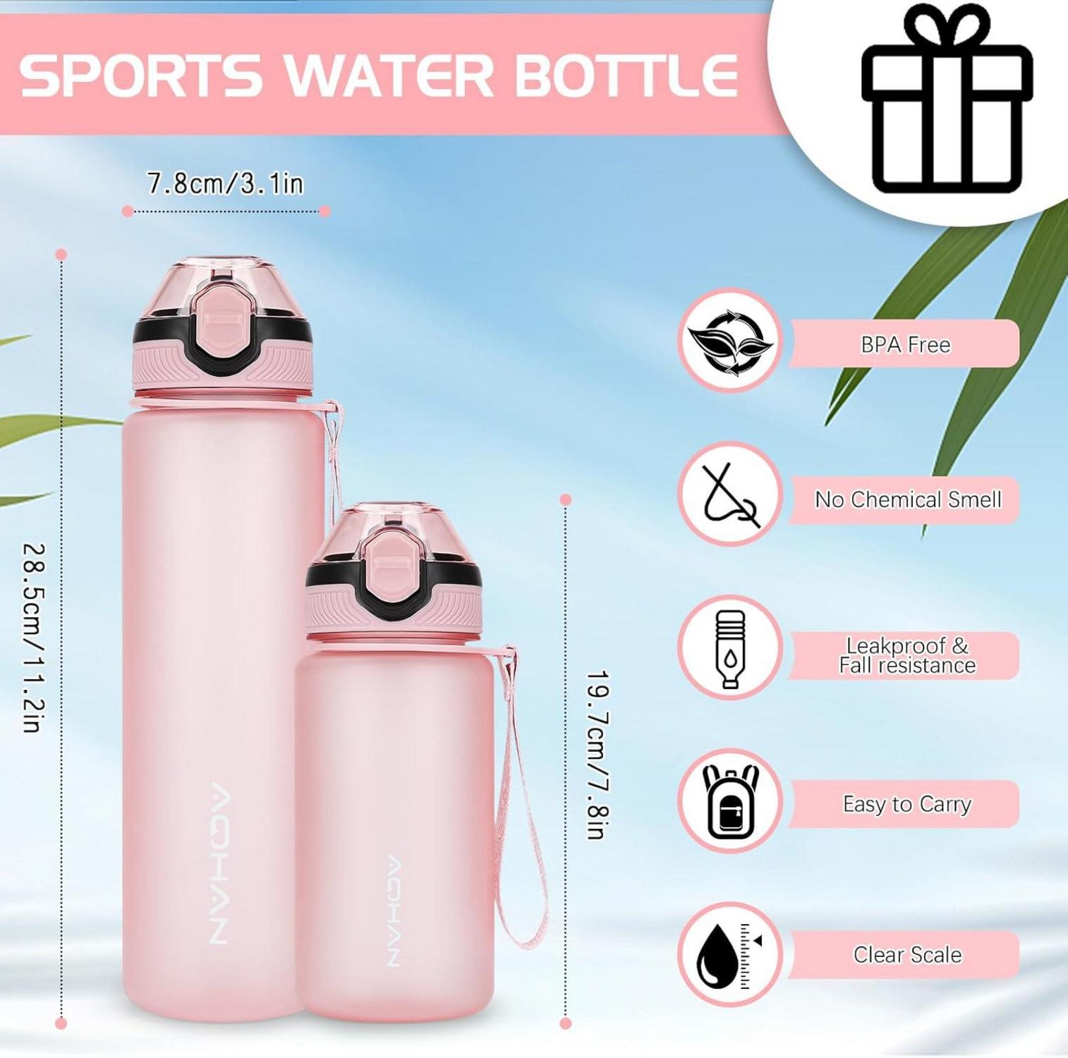 Sport Trinkflasche 1L auslaufsicher mit Klappdeckel und Strohhalm Hellrosa