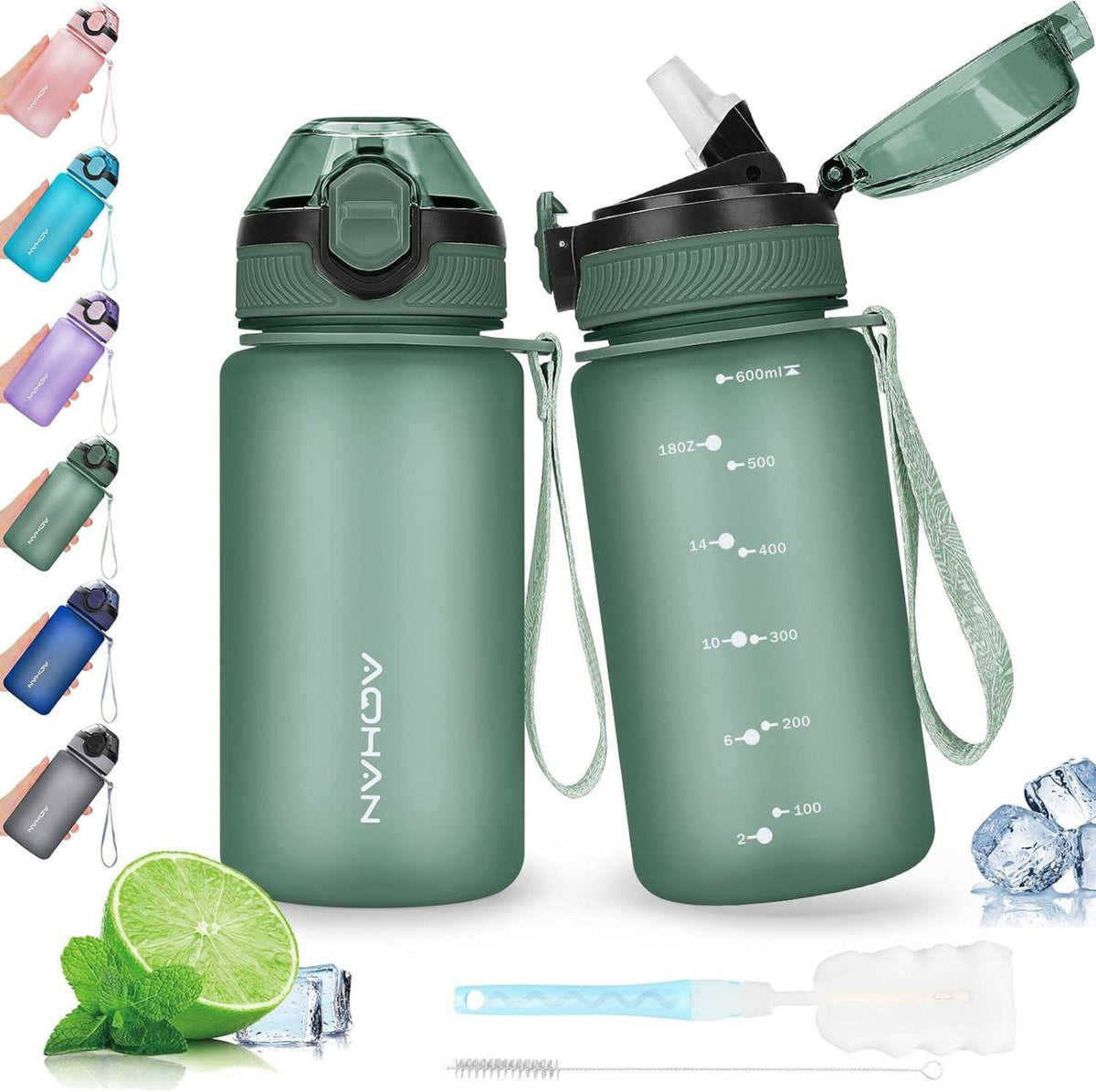Trinkflasche mit Klappdeckel 600ML auslaufsicher BPA frei Strohhalm