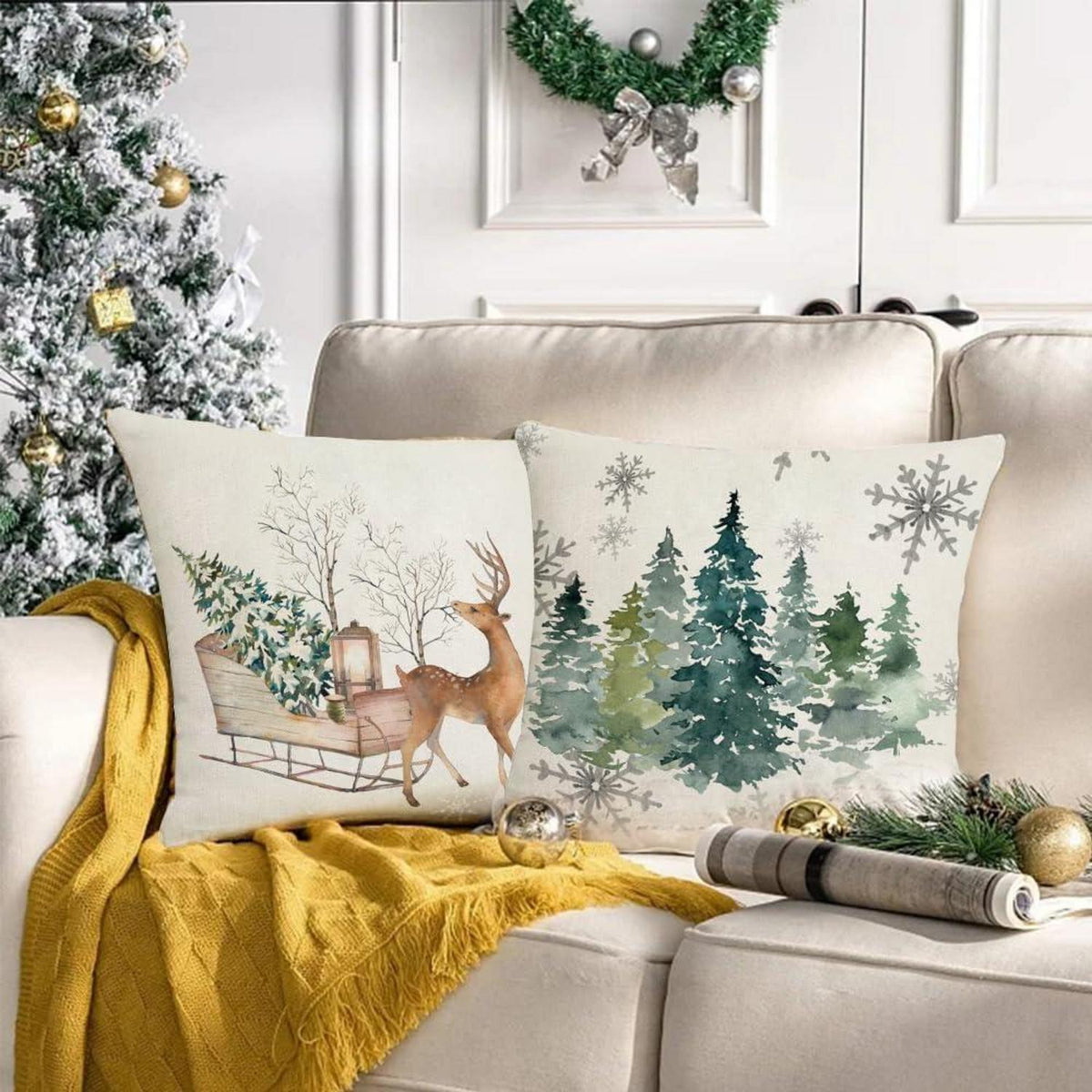 4er Set Weihnachtskissenbezug Leinen 45x45cm Festliche Deko