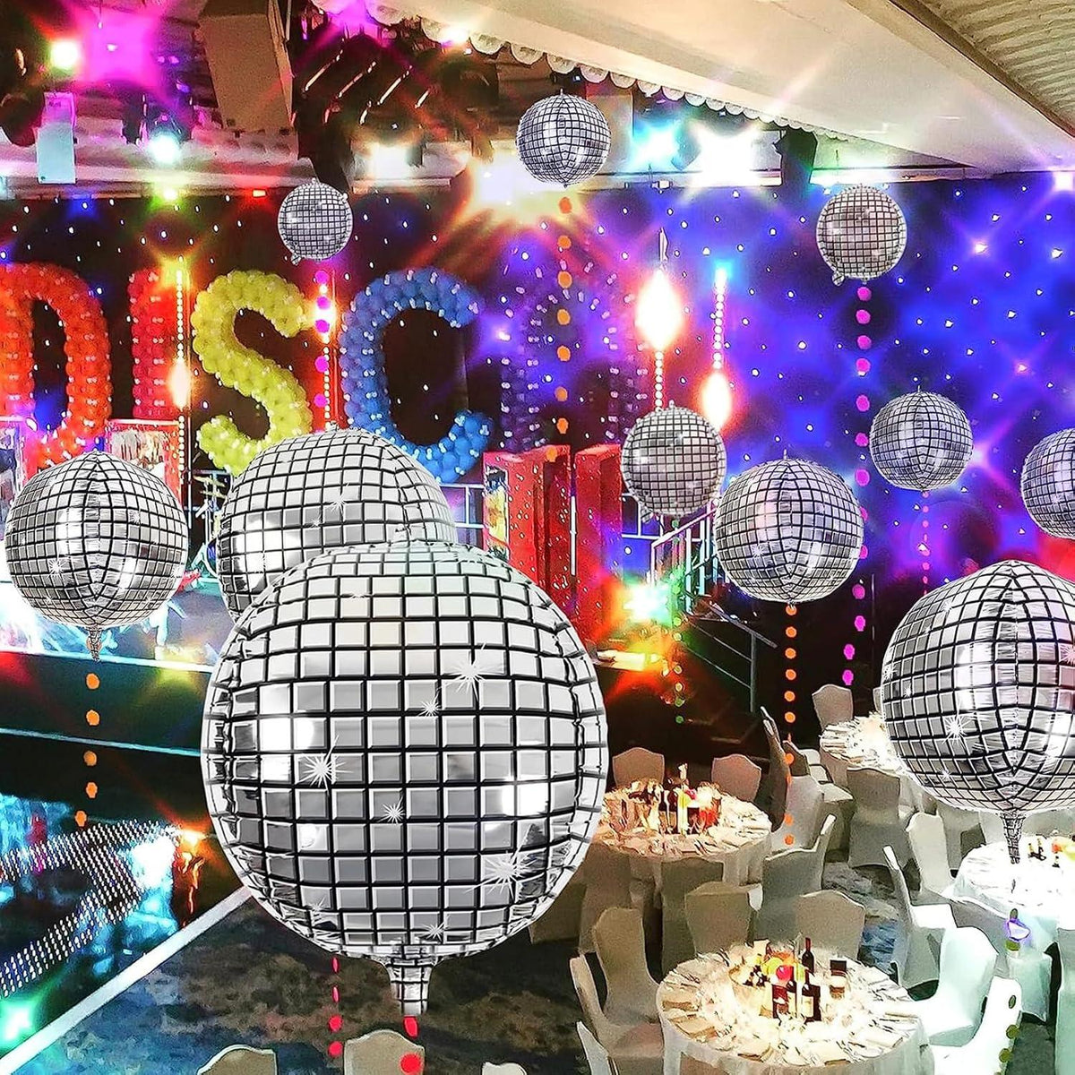 6 Discokugel Luftballons Silber 22 Zoll Party Deko Silvester Disco Geburtstag Karneval