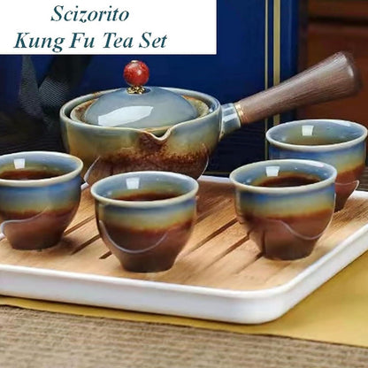 Reise-Teeset Keramik mit 360° Teekanne & 4 Tassen, Guan-Ofen Stil