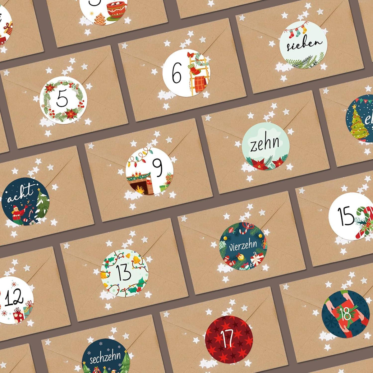 Adventskalender Aufkleber 8 x 24 Zahlen 2024 Weihnachten Sticker bunt