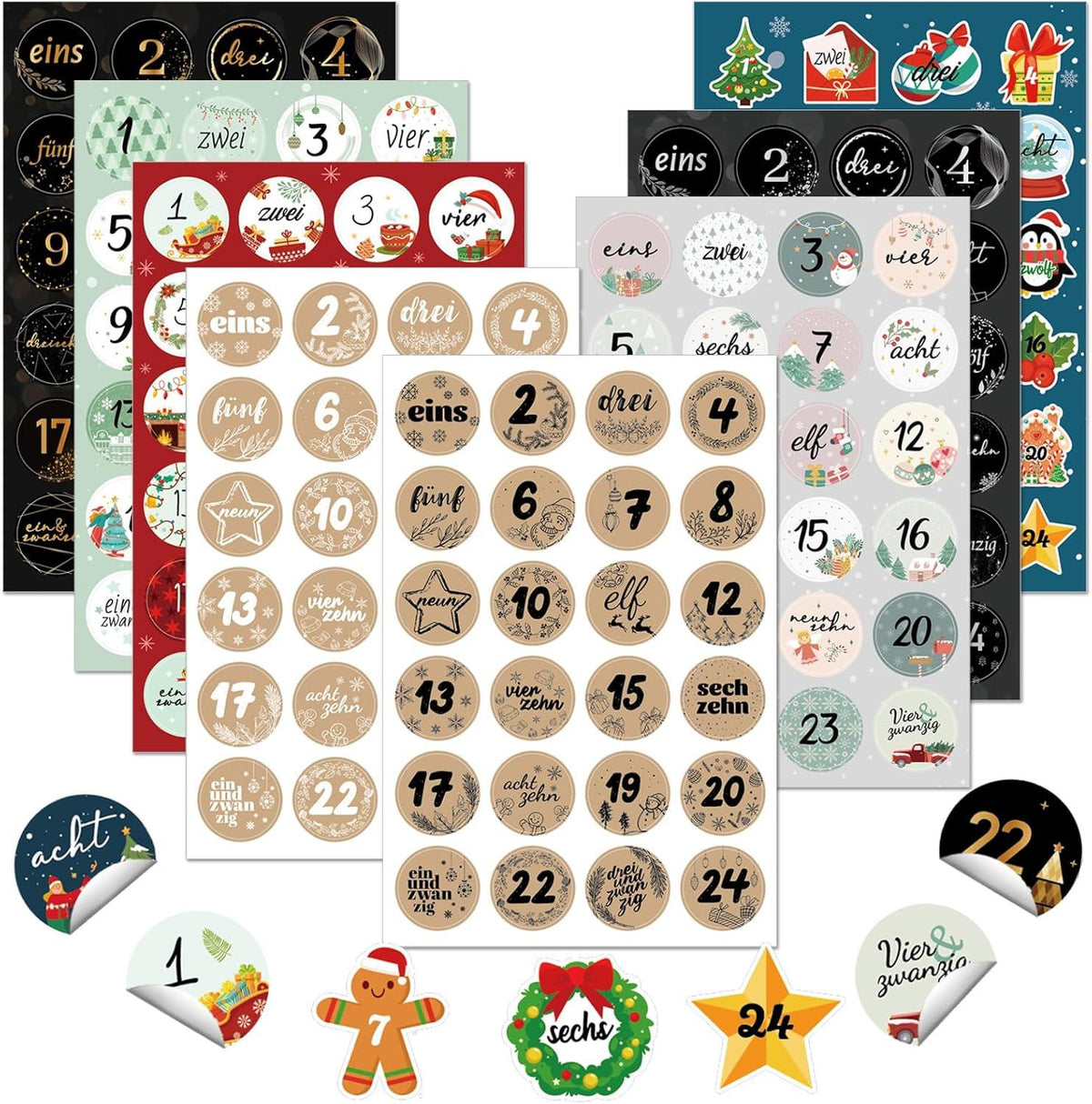 DPKOW Weihnachten Adventskalender Aufkleber 2024 Zahlen Sticker 1-24 Nummern bunt