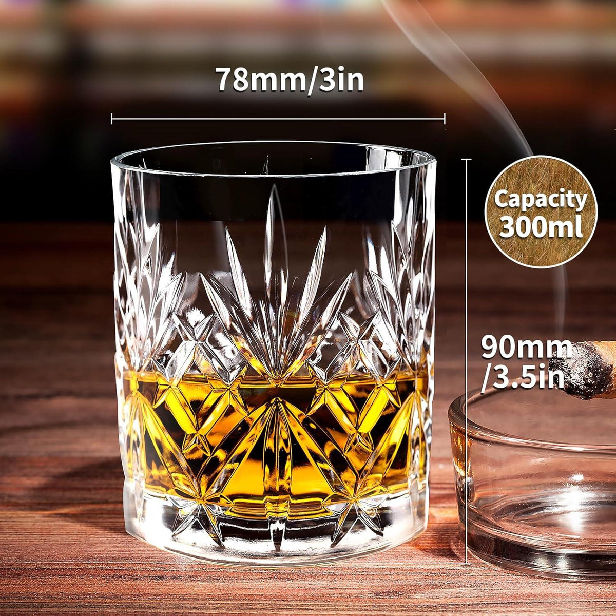 Whiskygläser 2er-Set Vintage Kristallglasbecher 300ml Bourbon Scotch Rum