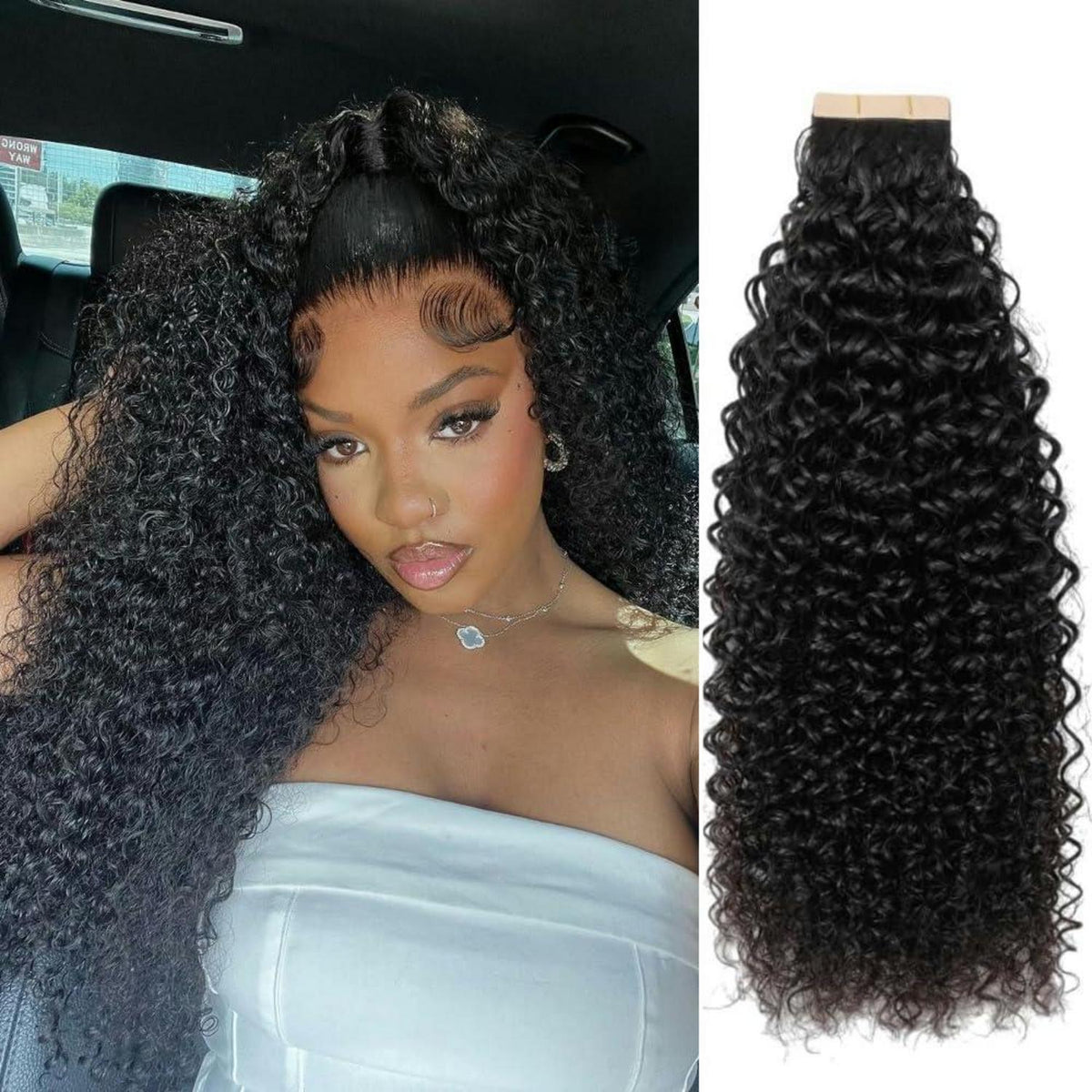 Schwarze Kinky Curly Tape Extensions Echthaar 16 Zoll