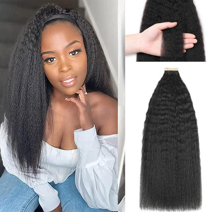 Echthaar Tape Extensions Schwarz Kinky Straight 16 Zoll