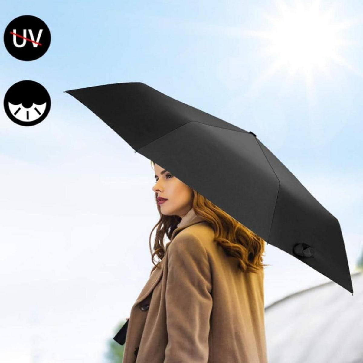 Kompakter Taschenschirm 6 Rippen UV Sonnenschutz Regenschirm Schwarz