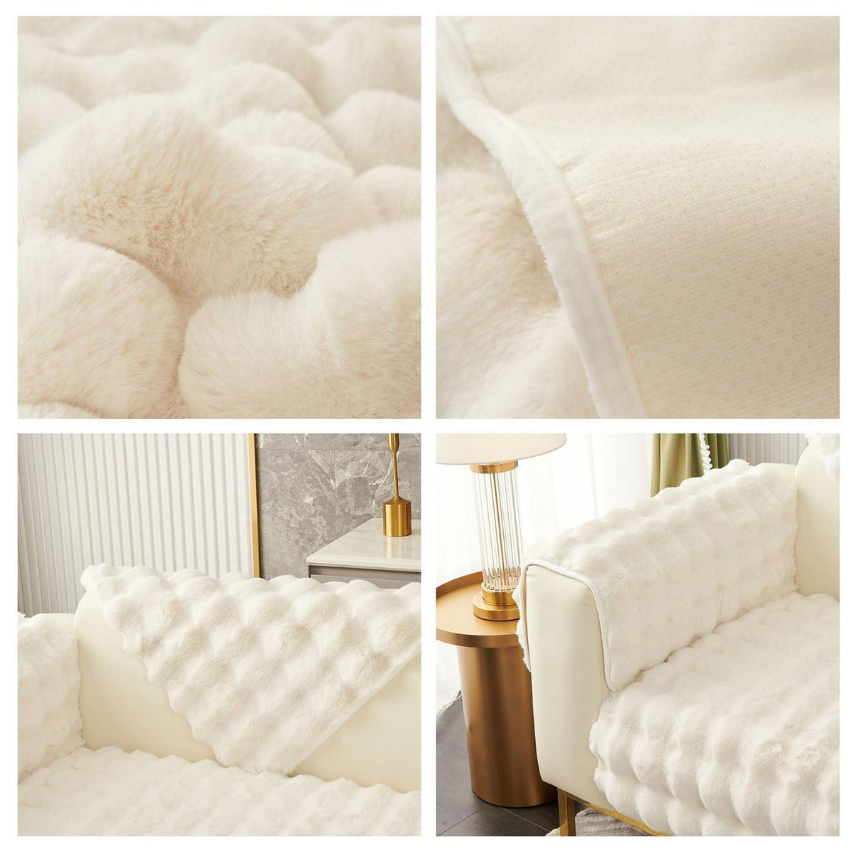 Weicher Sofaüberzug Kunstpelz Rutschfest Beige Weiß 90x240cm