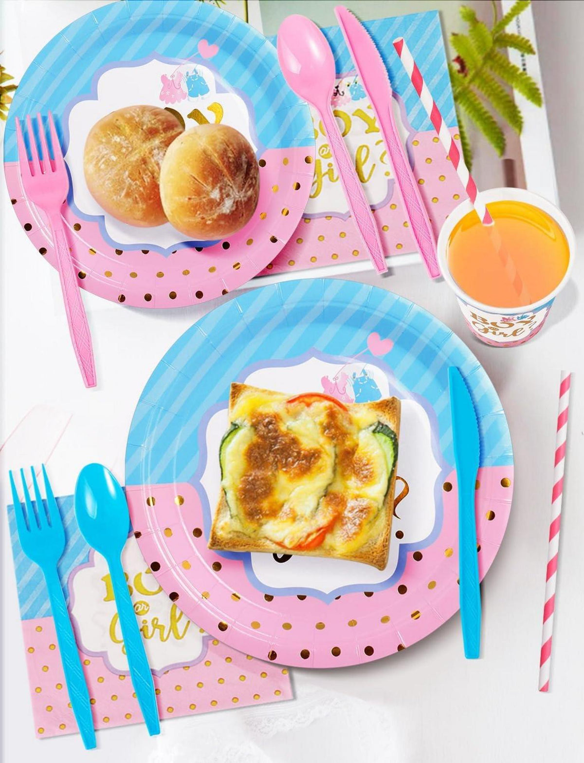 Nkaiso Babyparty Deko Mädchen Pappteller Set - 192 Stück Blau Rosa Baby Partygeschirr