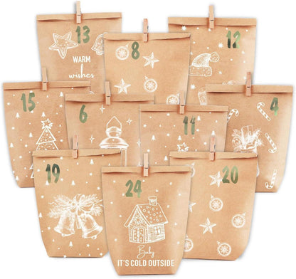 Adventskalender zum Befüllen Kraftpapiertüten Weihnachtsmotive