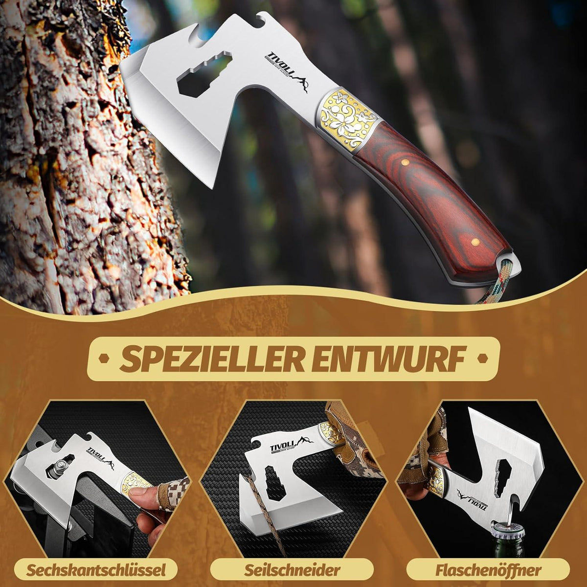 TIVOLI Camping Axt 4-in-1 Survival Axt für Outdoor 24 cm
