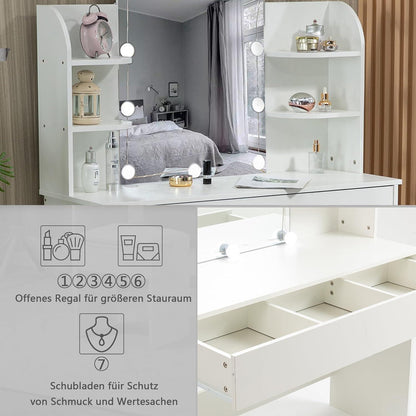 Weißer Schminktisch mit Spiegel, Hocker & Stauraum