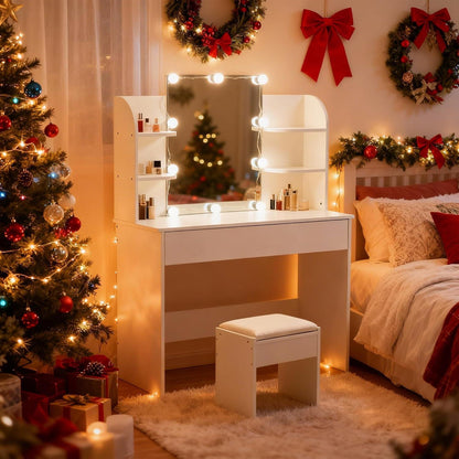 Weißer Schminktisch mit Spiegel, Hocker & Stauraum