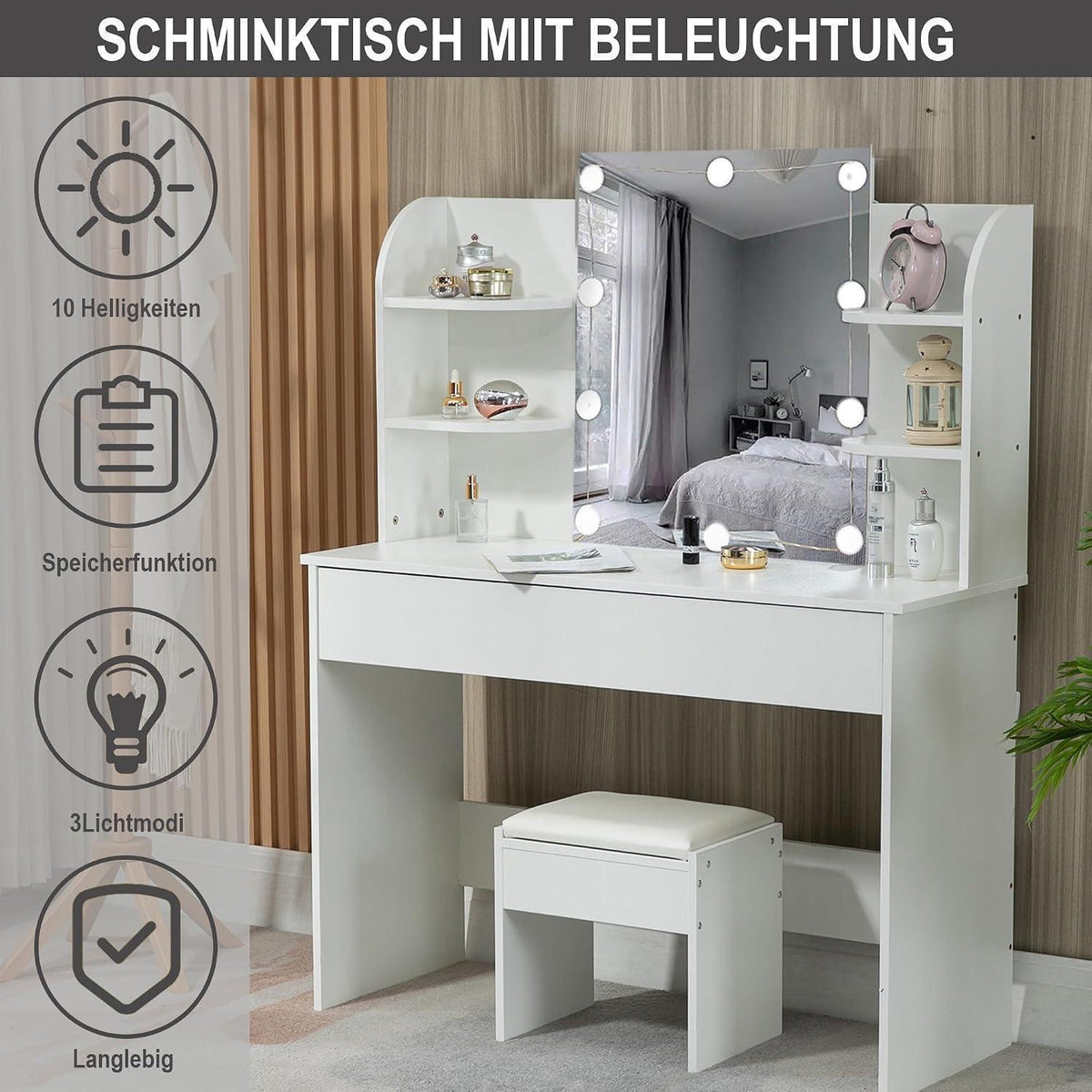 Weißer Schminktisch mit Spiegel, Hocker & Stauraum