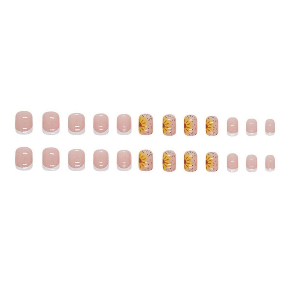 24er Set Weiße Eckige Press On Nails - Sonnenblume Kunstnägel - Glänzende Acrylnägel - Kurze Fake Nails