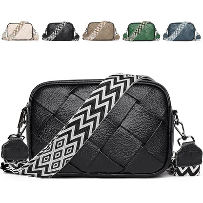 Damen Umhängetasche Leder Schwarz Weißer Gurt Crossbody