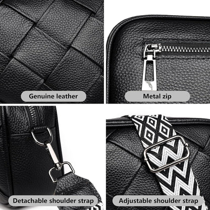 Damen Umhängetasche Leder Schwarz Weißer Gurt Crossbody