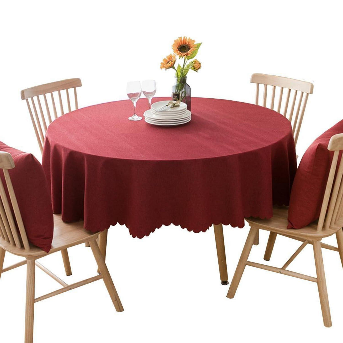 Runde Baumwoll-Leinen Tischdecke, schmutzabweisend, 260 cm Durchmesser Rot