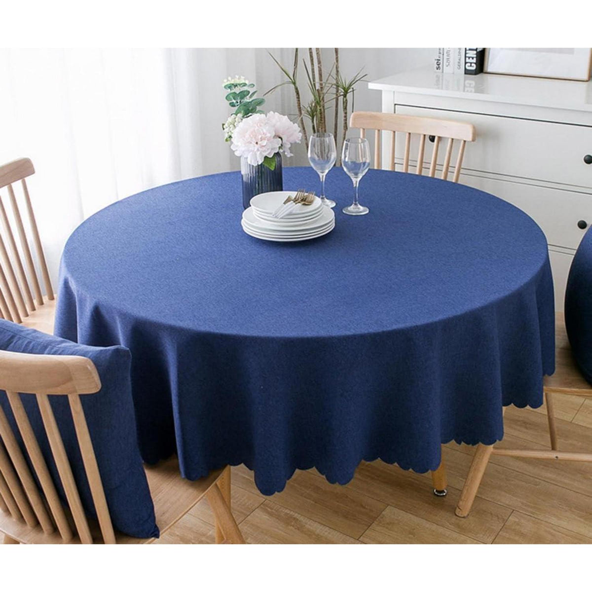Runde Baumwoll-Leinen Tischdecke wasserabweisend 260 cm Dunkelblau
