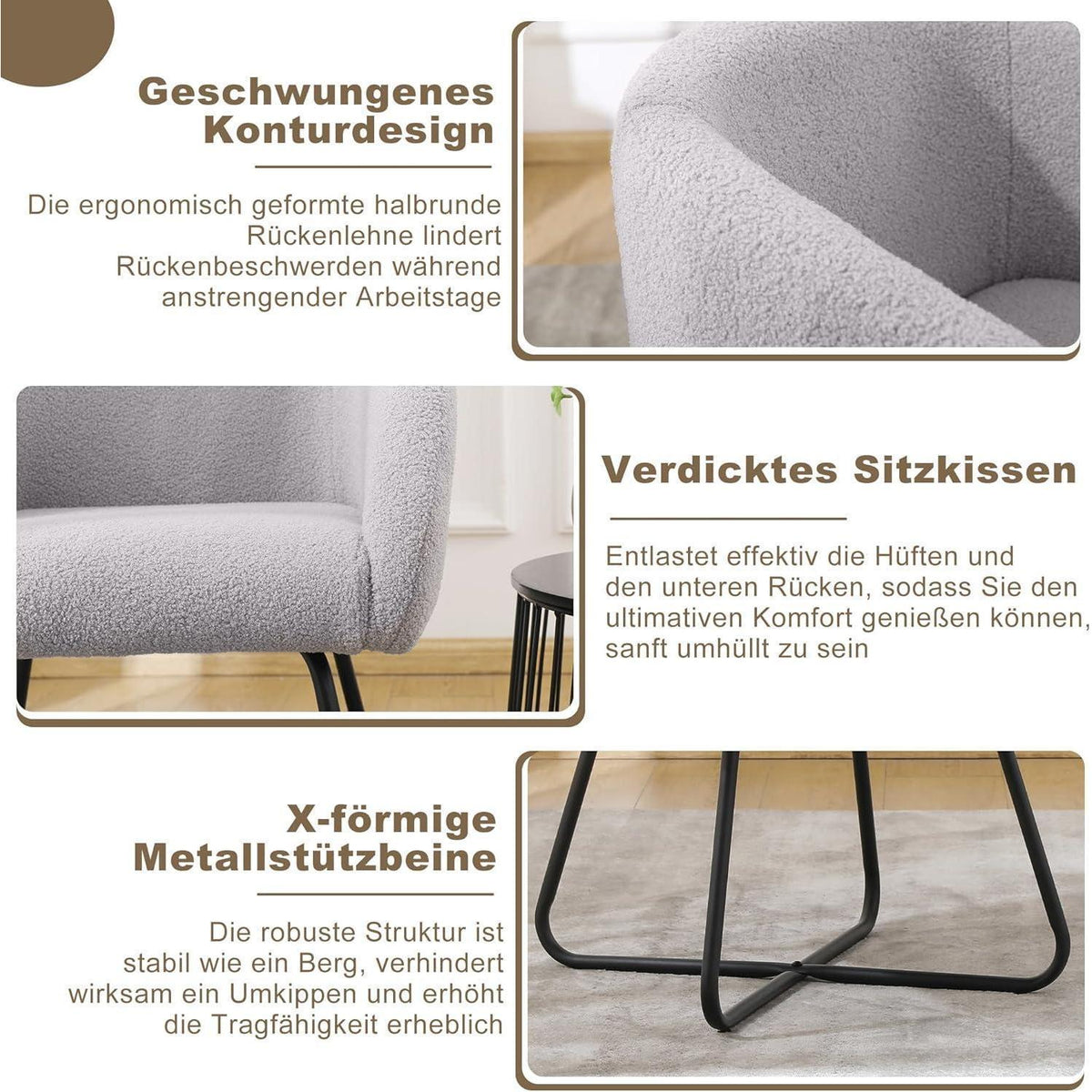 Lounge Sessel Grau Lammwolle Modern mit Metallbeinen