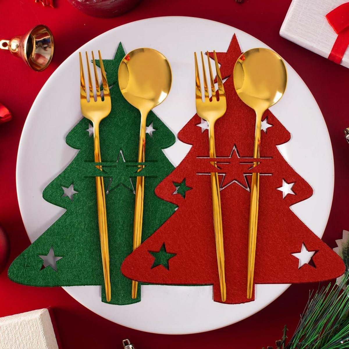 Weihnachten Besteckhalter Filz 8 Stück Tannenbaum Rot Grün