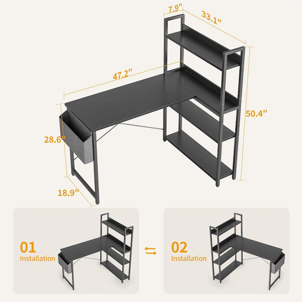 Eckschreibtisch mit Regal und Ablagefächern Schwarz 120cm
