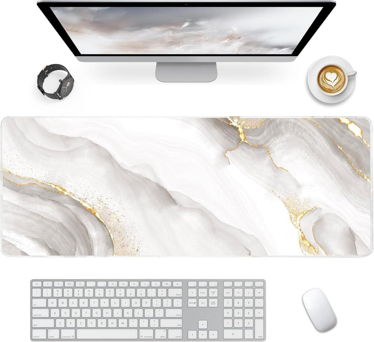 Großes Gaming Mauspad 80x30cm Weißer Marmor - Rutschfeste Desk Mat