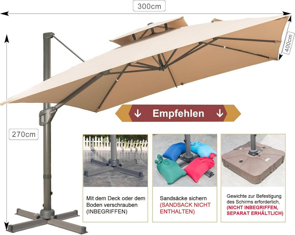 Sonnenschirm 300x400 cm Rechteckig mit Ständer Kurbel Groß Windfest Wasserdicht