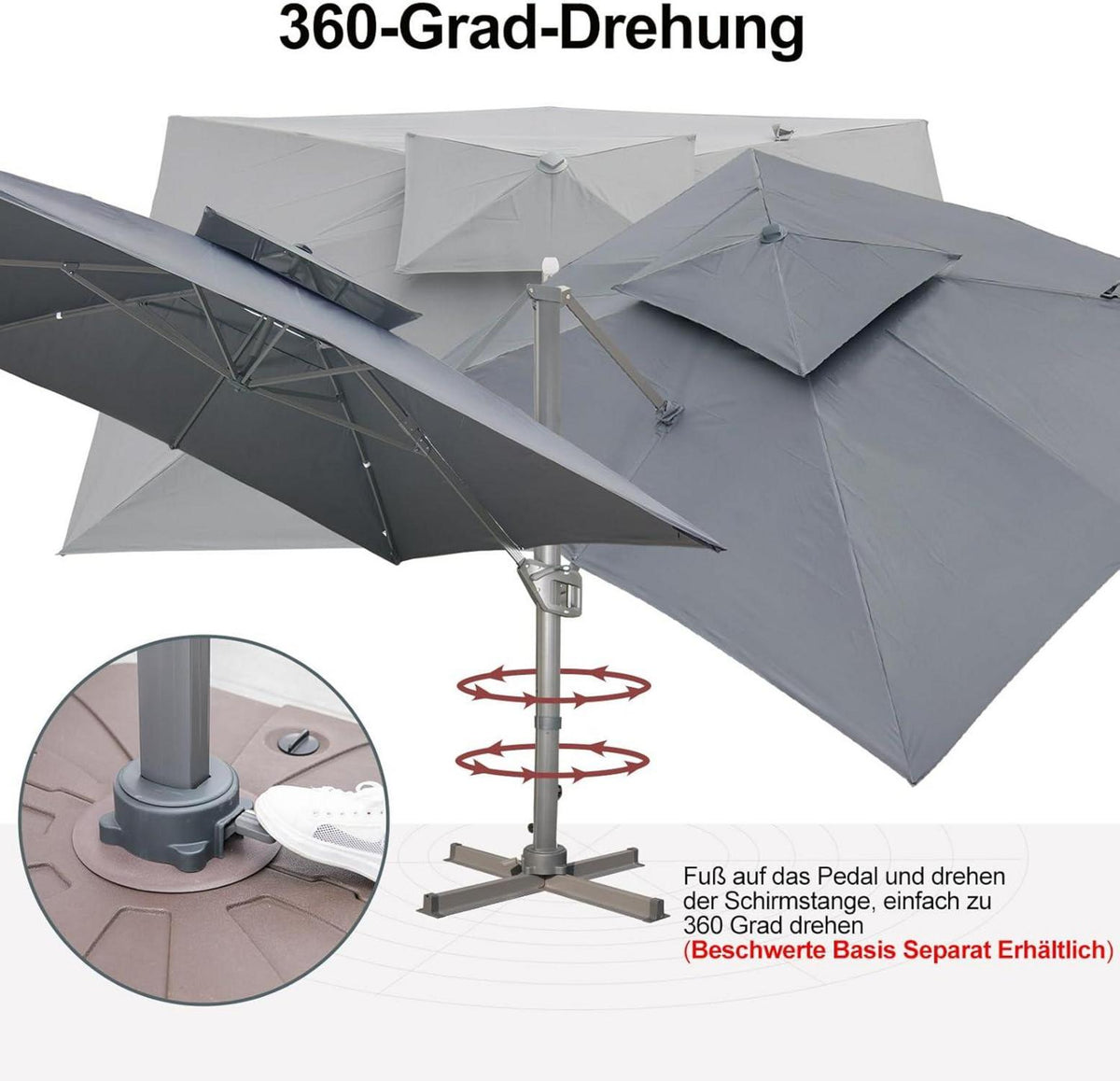 Sonnenschirm 300x400 cm Rechteckig mit Ständer und Kurbel Grau