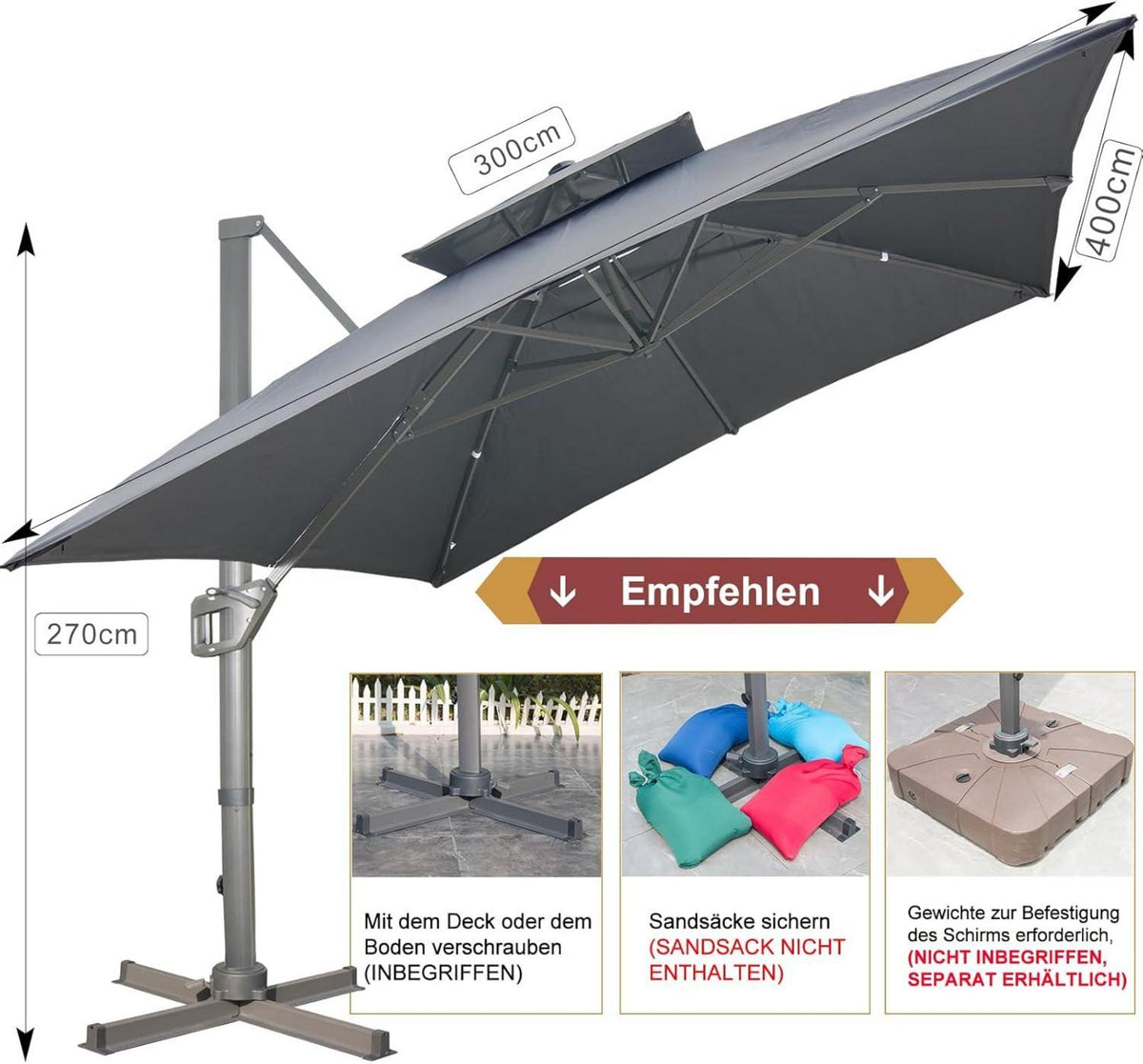 Sonnenschirm 300x400 Rechteckig mit Ständer & Kurbel Grau