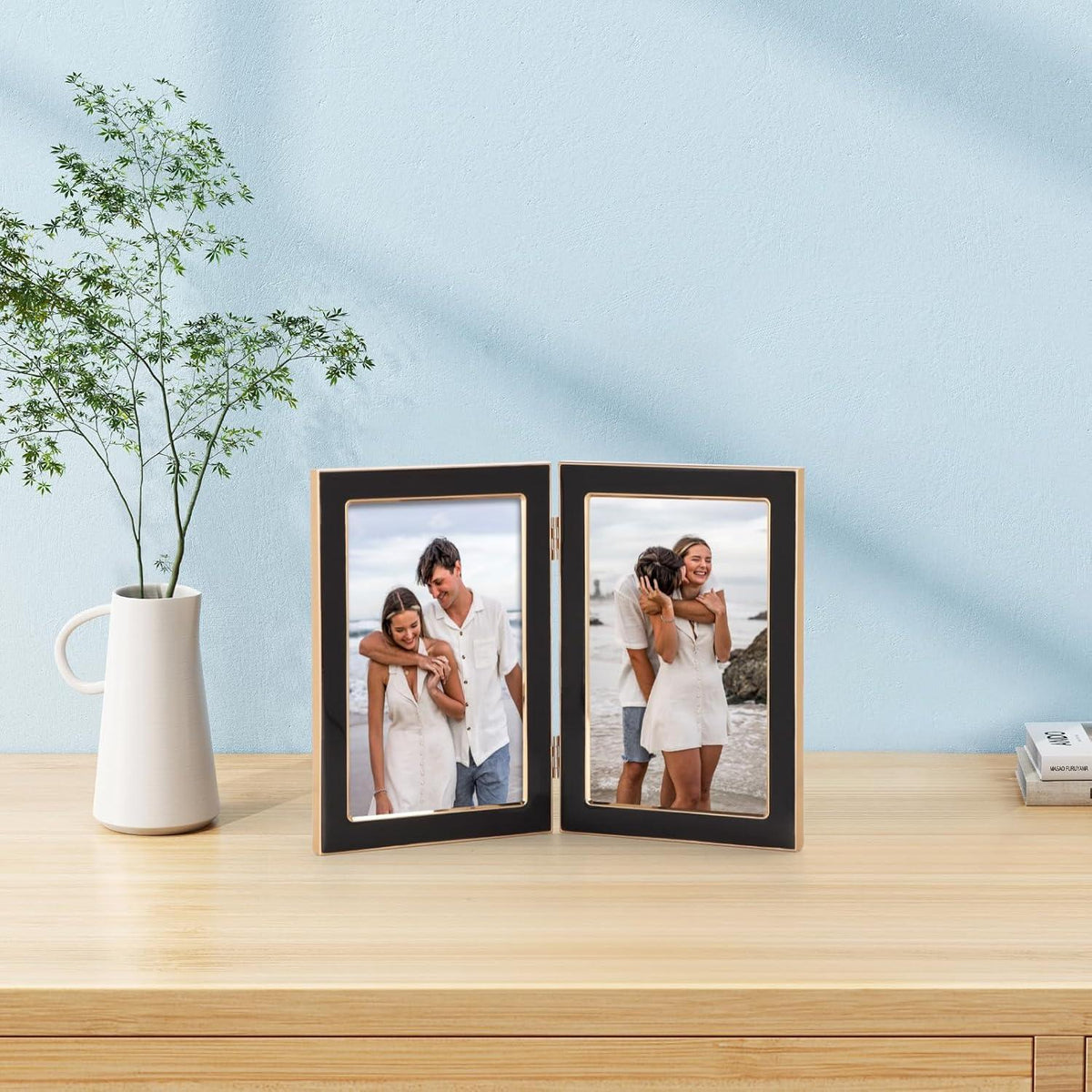 Doppelter Bilderrahmen 10x15 cm Schwarz Klappbar Fotorahmen gehärtetes Glas Goldener Metallumrandung