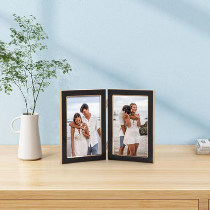Doppelter Bilderrahmen 10x15 cm Schwarz Klappbar Fotorahmen gehärtetes Glas Goldener Metallumrandung