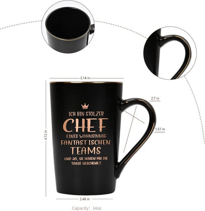 Keramik Kaffeetasse 400ml Spruch Stolzer Chef Geschenkbox Gold Löffel